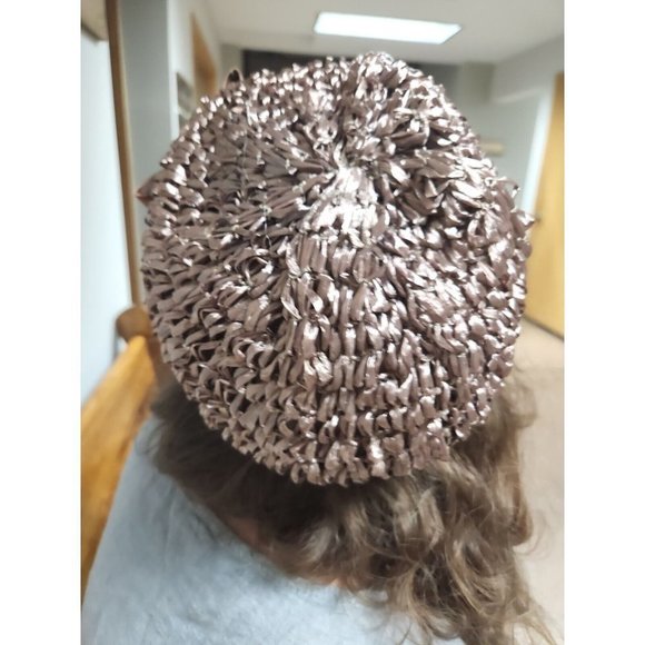 Mid Century Brown Ribbon Beret wi/Rhinestone Brooch &Bow